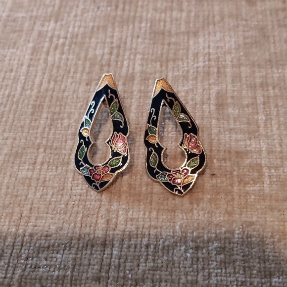 Gold Tone Cloisonne Enamel Earrings - Picture 1 of 9